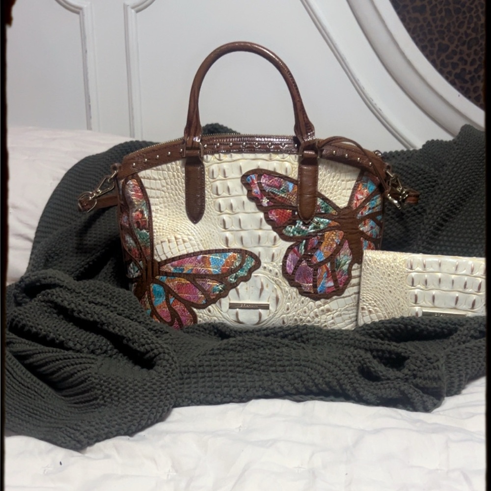 White Croc-Embossed Satchel with Colorful Butterfly Accents